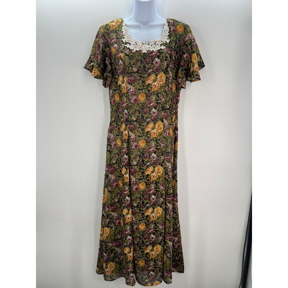 Vintage‎ 90s Joni Blair Prairie Floral Maxi Dress Size 11 Lace Trim Cottagecore
